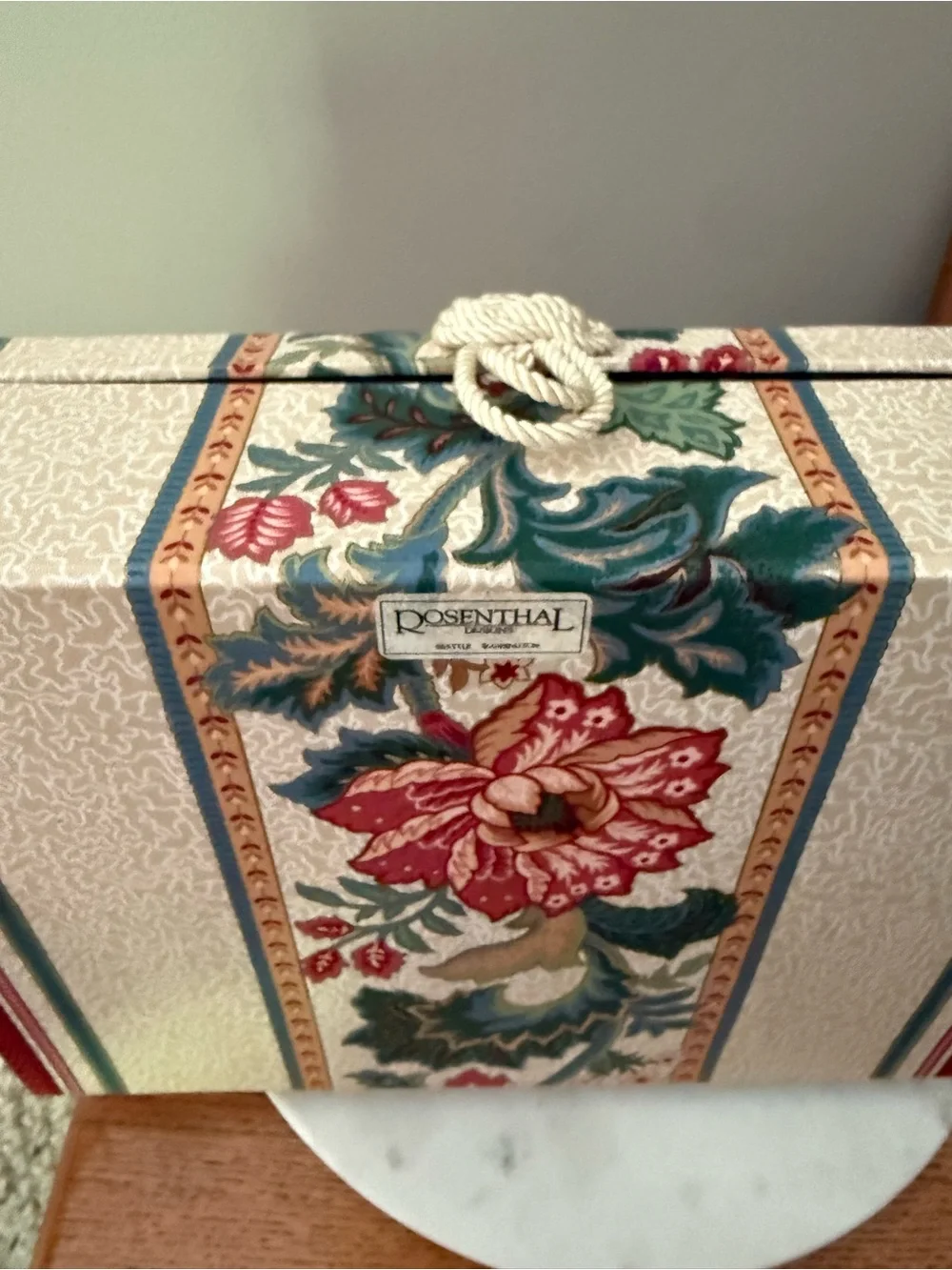 Vintage Rosenthal Fabric covered jewelry boxes photo storage rope detail floral